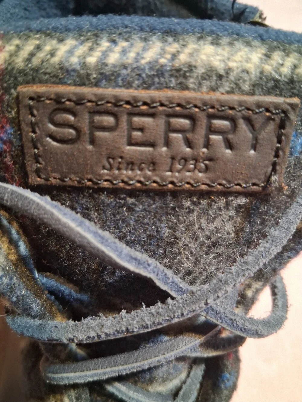 Sperry Top Sider Navy Blue Plaid Wool Duck Boots Waterproof Size 7M Rain Winter